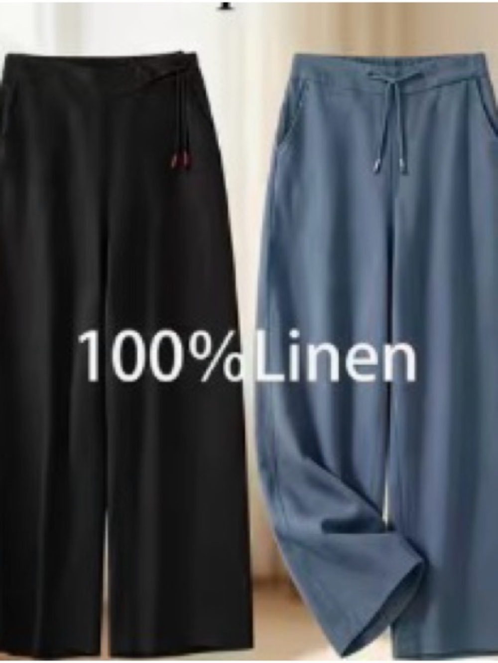 Women’s 100% Linen Wide-Leg Pants - black & Blue